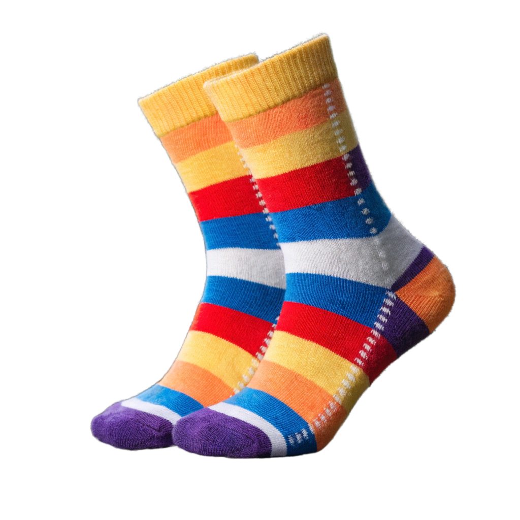 Pair of bright striped crew socks in rainbow colors isolated on black